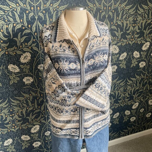 Vintage 90s Fair Isle Nordic Zip Up Cotton & Ramie Knit Cardigan - Picture 3 of 10